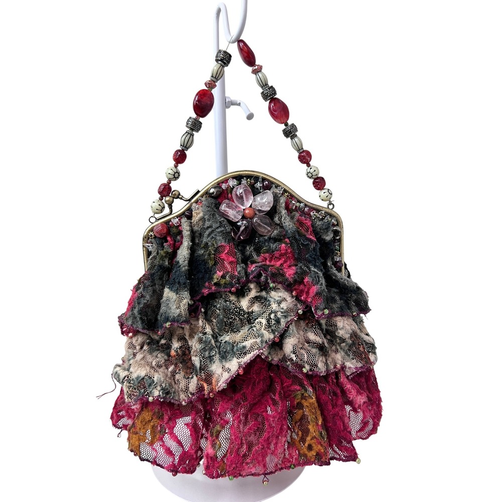 Mary Frances Lace Ruffle Handbag Womens OS Pink Excellent Beaded Frame Clutch
